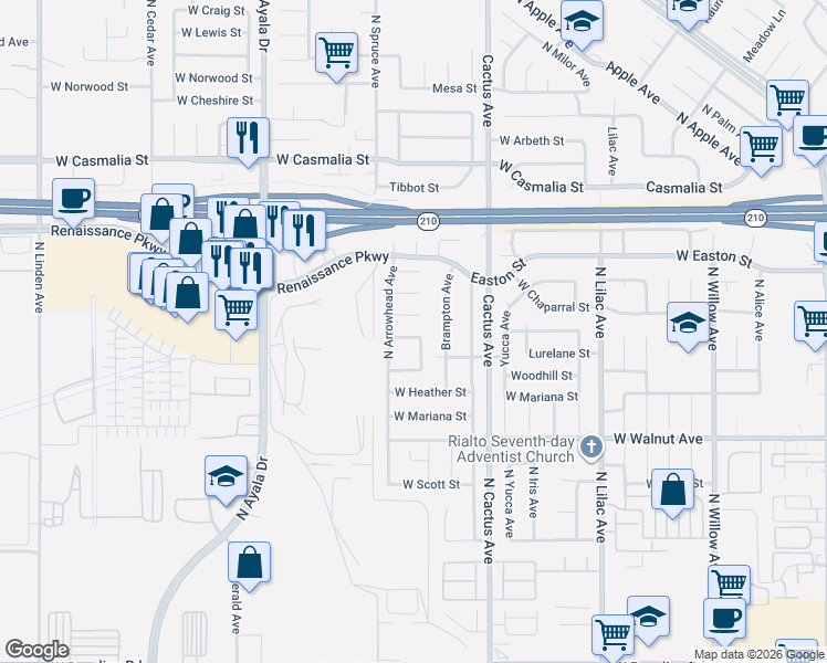 map of restaurants, bars, coffee shops, grocery stores, and more near 857 West Chaparral Street in Rialto