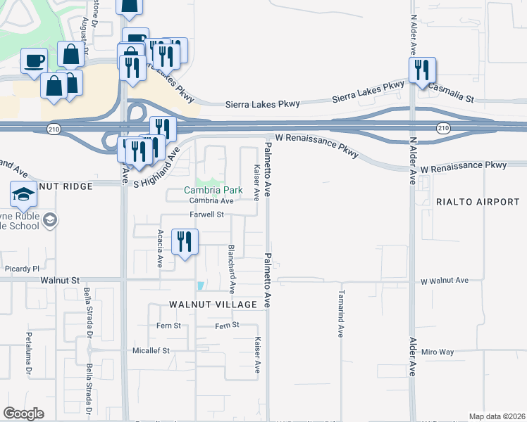 map of restaurants, bars, coffee shops, grocery stores, and more near 6655 Kaiser Avenue in Fontana