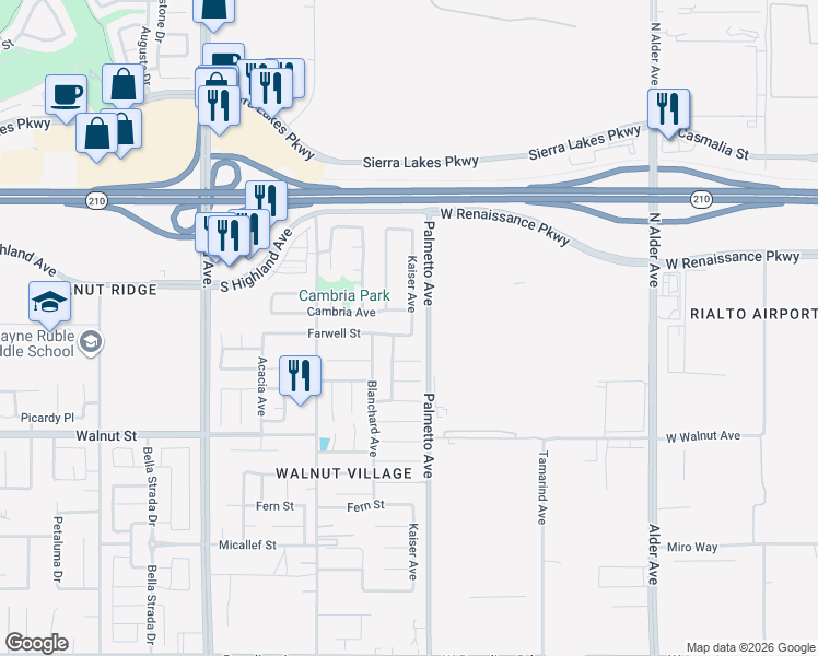 map of restaurants, bars, coffee shops, grocery stores, and more near 6655 Kaiser Avenue in Fontana