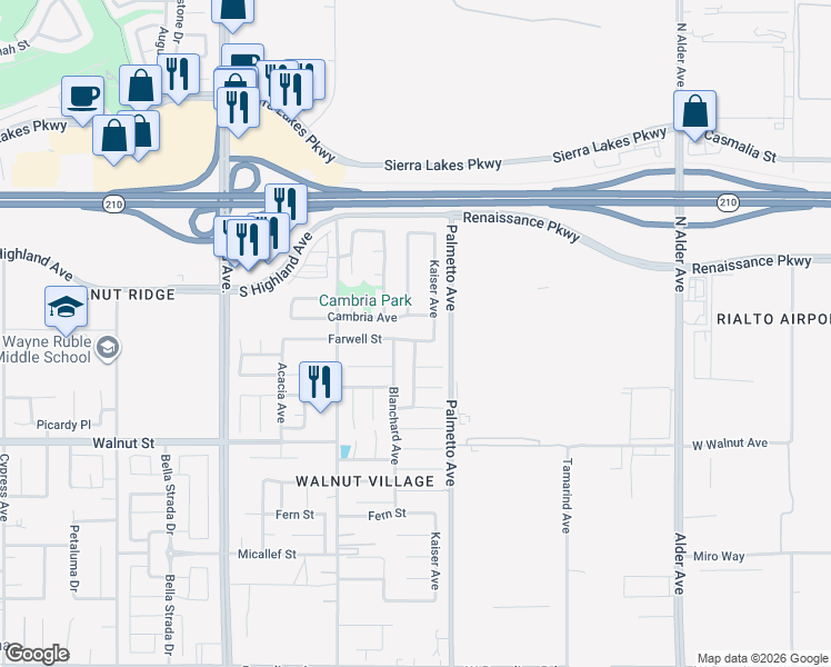 map of restaurants, bars, coffee shops, grocery stores, and more near 17221 Cambria Avenue in Fontana