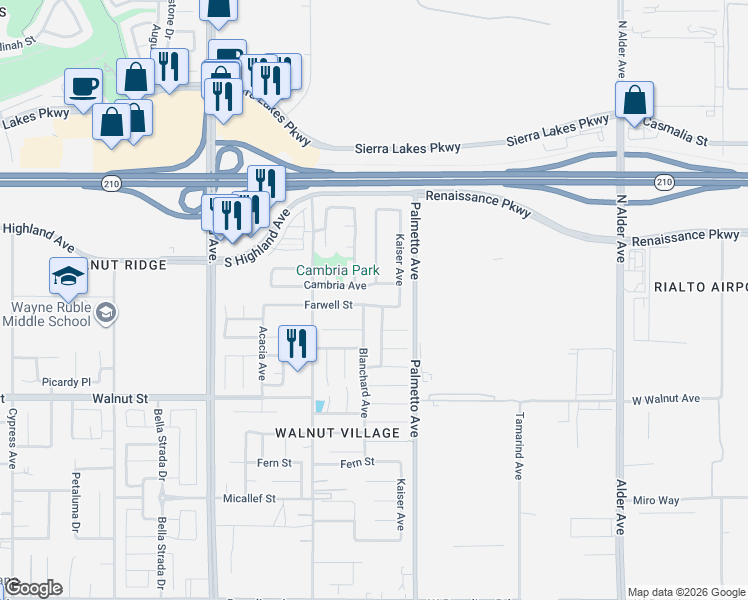 map of restaurants, bars, coffee shops, grocery stores, and more near 17221 Cambria Avenue in Fontana