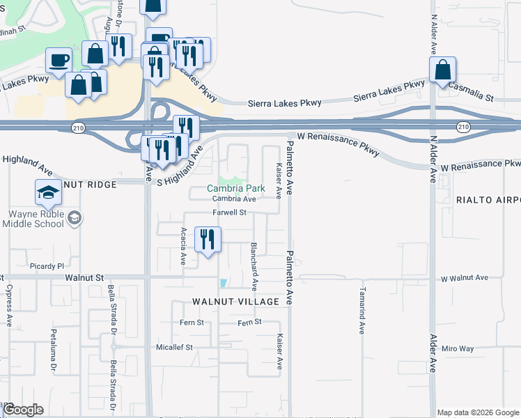 map of restaurants, bars, coffee shops, grocery stores, and more near 17221 Cambria Avenue in Fontana