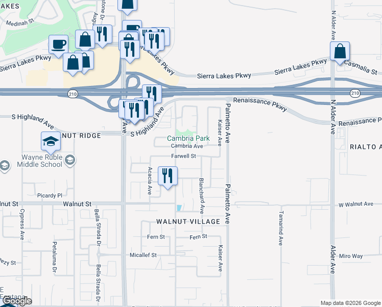 map of restaurants, bars, coffee shops, grocery stores, and more near 17143 Cambria Avenue in Fontana