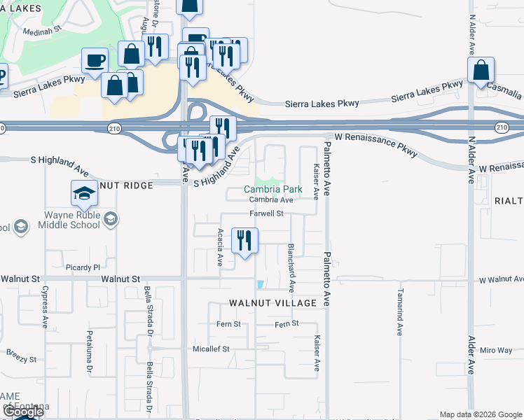 map of restaurants, bars, coffee shops, grocery stores, and more near 17075 Cambria Avenue in Fontana