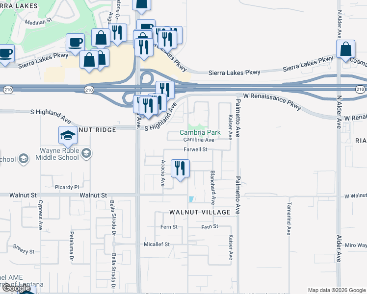 map of restaurants, bars, coffee shops, grocery stores, and more near 17075 Cambria Avenue in Fontana