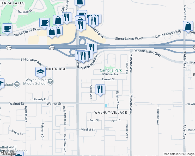 map of restaurants, bars, coffee shops, grocery stores, and more near 17005 Cambria Avenue in Fontana