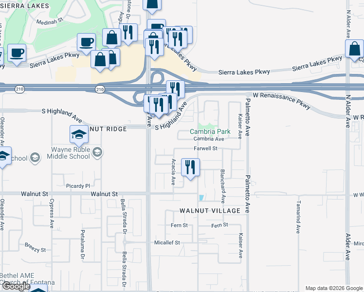map of restaurants, bars, coffee shops, grocery stores, and more near 17005 Cambria Avenue in Fontana