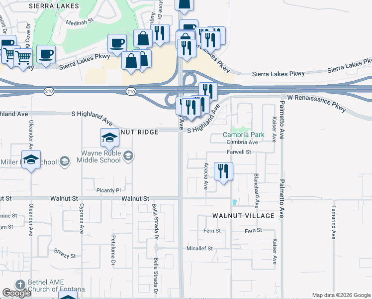 map of restaurants, bars, coffee shops, grocery stores, and more near 6704 Newport Court in Fontana