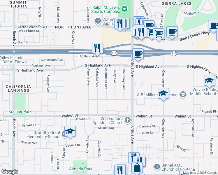 map of restaurants, bars, coffee shops, grocery stores, and more near 6688 Jacaranda Ave in Fontana