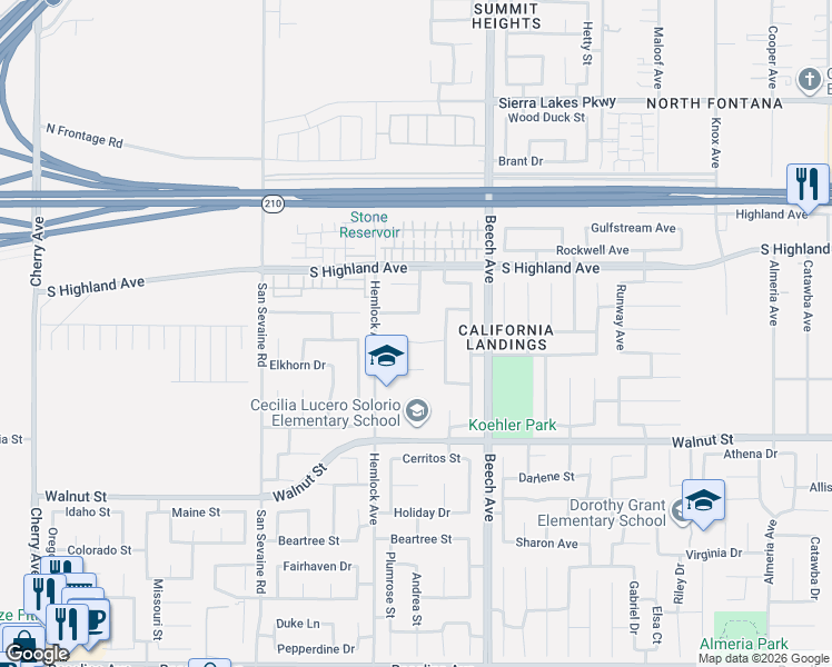 map of restaurants, bars, coffee shops, grocery stores, and more near 15269 Blue Spruce Lane in Fontana