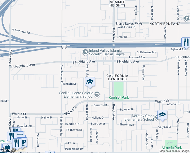 map of restaurants, bars, coffee shops, grocery stores, and more near 15269 Blue Spruce Lane in Fontana