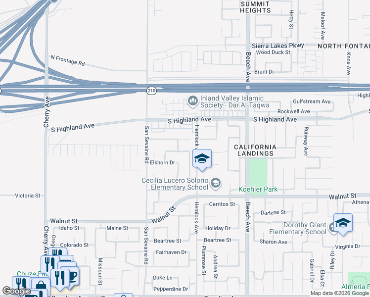 map of restaurants, bars, coffee shops, grocery stores, and more near 6683 Lucero Way in Fontana