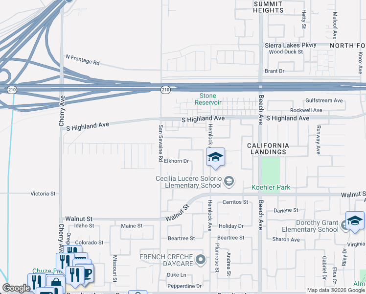 map of restaurants, bars, coffee shops, grocery stores, and more near 14959 Preston Drive in Fontana