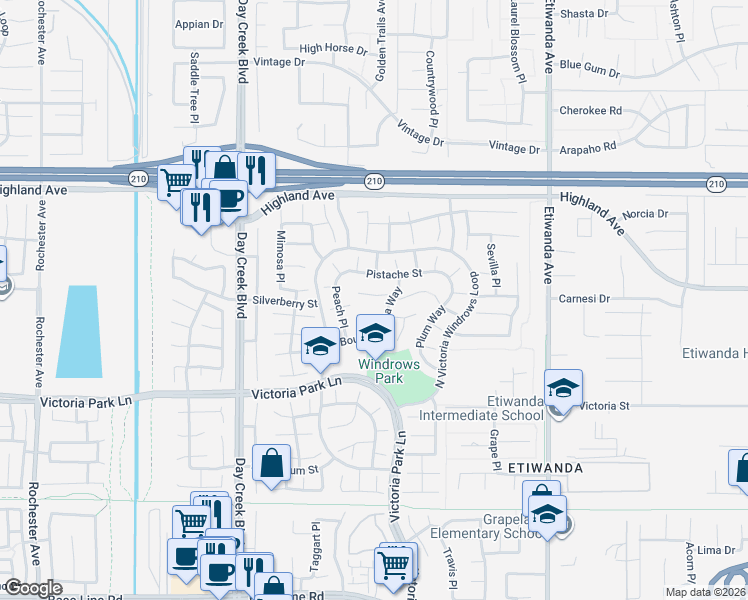 map of restaurants, bars, coffee shops, grocery stores, and more near 12542 Nasturtium Drive in Rancho Cucamonga