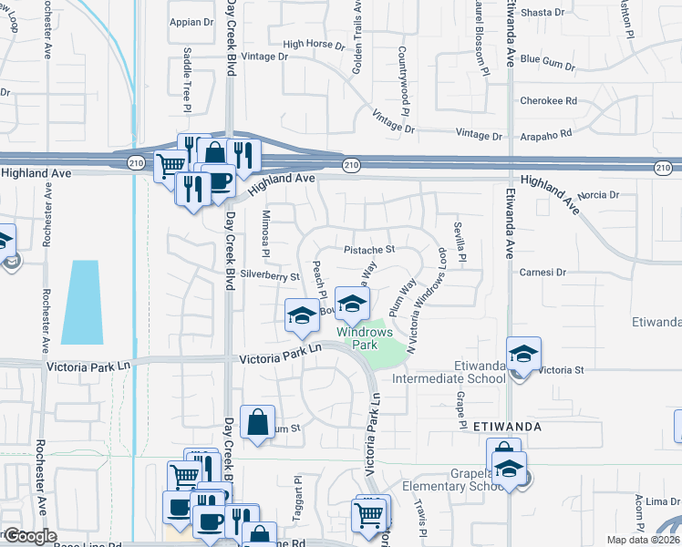 map of restaurants, bars, coffee shops, grocery stores, and more near 12542 Nasturtium Drive in Rancho Cucamonga