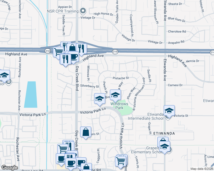 map of restaurants, bars, coffee shops, grocery stores, and more near 6689 Peach Place in Rancho Cucamonga