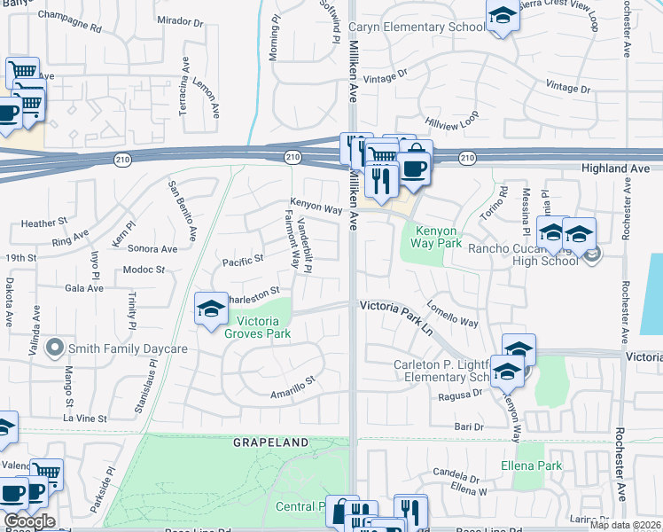 map of restaurants, bars, coffee shops, grocery stores, and more near 11280 Bethany Drive in Rancho Cucamonga