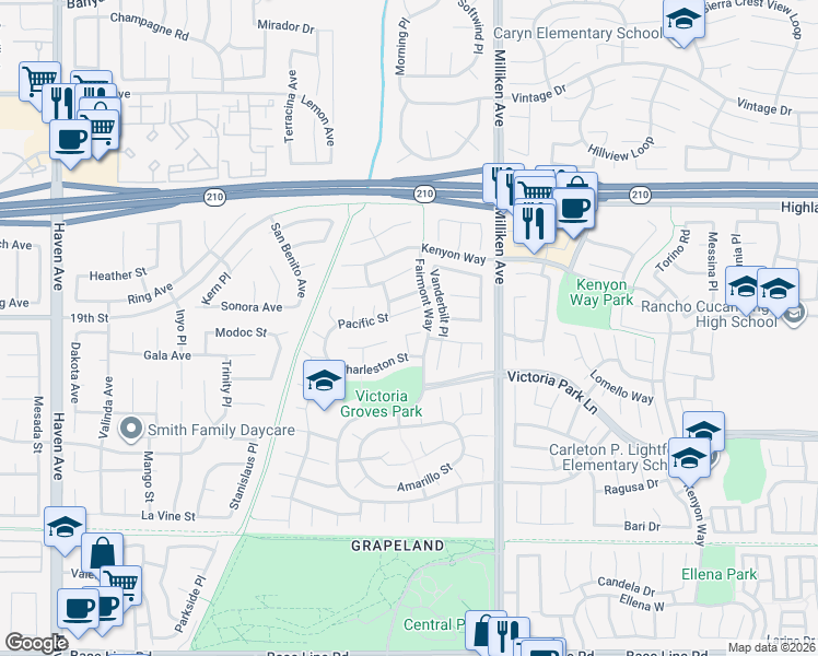 map of restaurants, bars, coffee shops, grocery stores, and more near 11117 Pacific Street in Rancho Cucamonga
