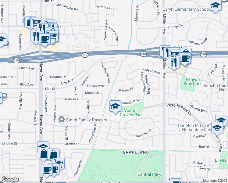 map of restaurants, bars, coffee shops, grocery stores, and more near 6596 Salem Court in Rancho Cucamonga
