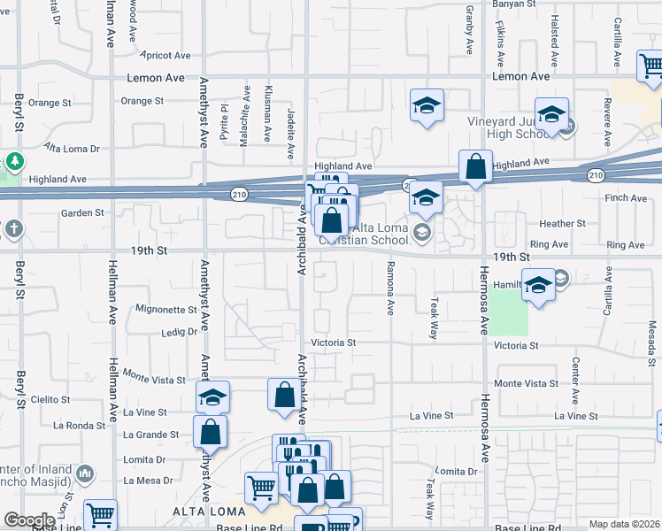 map of restaurants, bars, coffee shops, grocery stores, and more near 9742 Willow Wood Drive in Rancho Cucamonga
