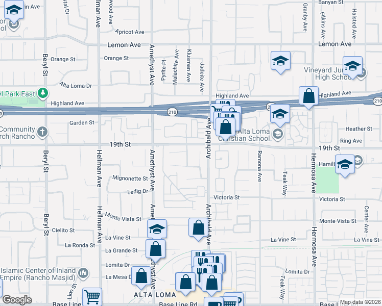 map of restaurants, bars, coffee shops, grocery stores, and more near 9614 Gala Avenue in Rancho Cucamonga