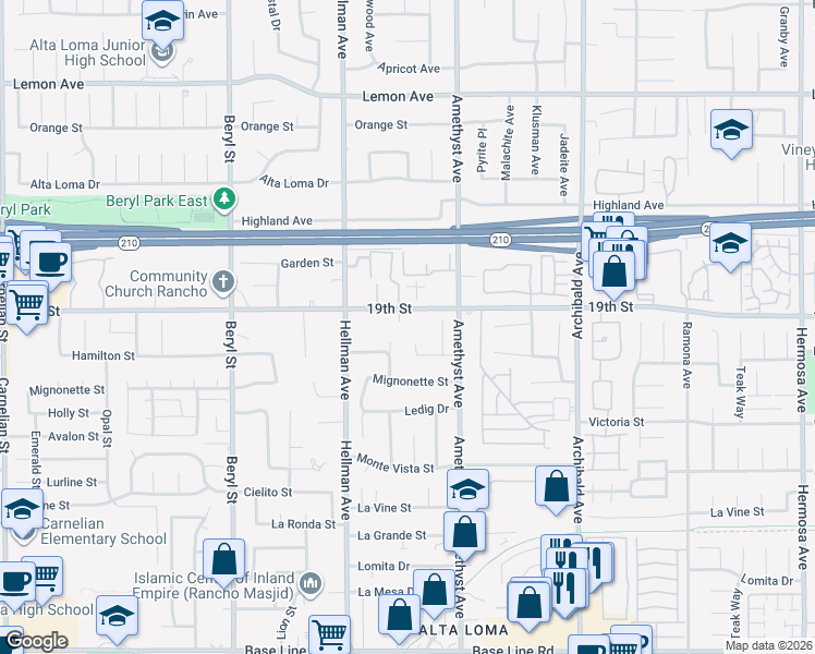 map of restaurants, bars, coffee shops, grocery stores, and more near 9425 19th Street in Rancho Cucamonga