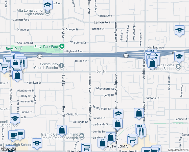 map of restaurants, bars, coffee shops, grocery stores, and more near 9363 19th Street in Rancho Cucamonga