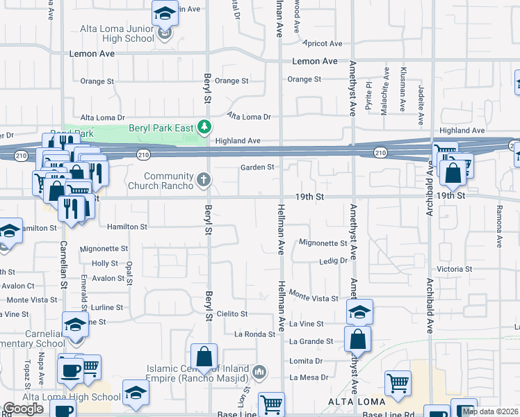 map of restaurants, bars, coffee shops, grocery stores, and more near 6710 Pilgrims Court in Rancho Cucamonga
