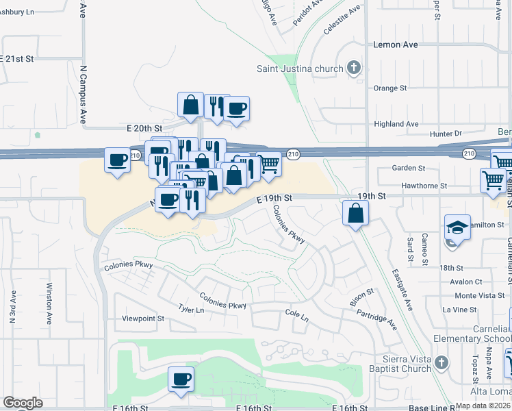 map of restaurants, bars, coffee shops, grocery stores, and more near 1321 Kendra Lane in Upland