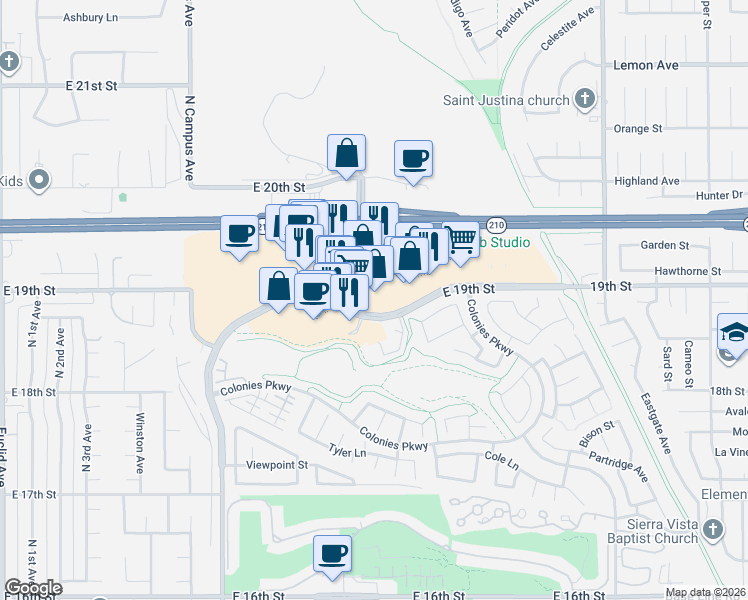map of restaurants, bars, coffee shops, grocery stores, and more near 1221 East 19th Street in Upland