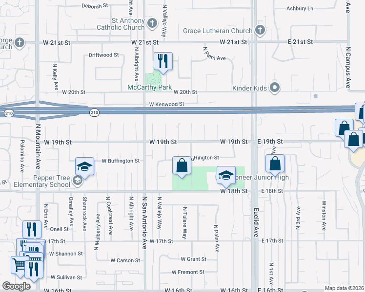 map of restaurants, bars, coffee shops, grocery stores, and more near 1903 North Redding Way in Upland