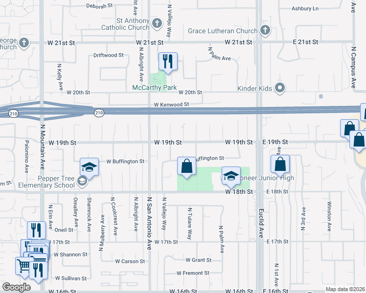 map of restaurants, bars, coffee shops, grocery stores, and more near 1903 North Tulare Way in Upland