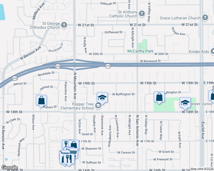 map of restaurants, bars, coffee shops, grocery stores, and more near 1906 Eloise Way in Upland