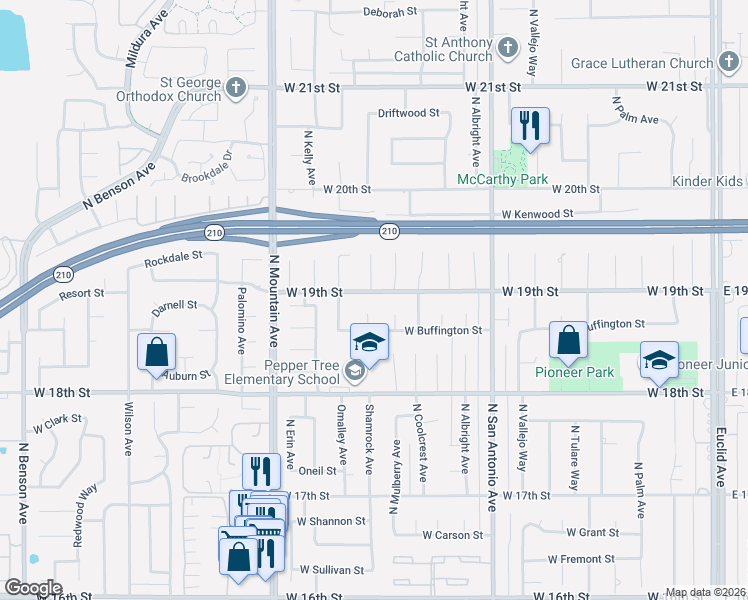 map of restaurants, bars, coffee shops, grocery stores, and more near 1906 Eloise Way in Upland