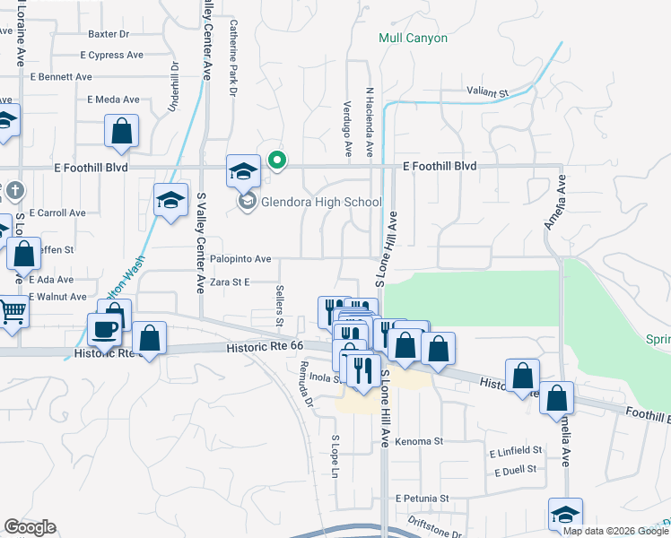 map of restaurants, bars, coffee shops, grocery stores, and more near 1820 Palopinto Avenue in Glendora