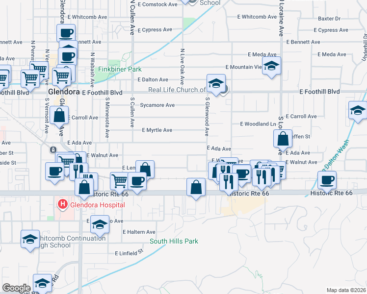 map of restaurants, bars, coffee shops, grocery stores, and more near 703 East Ada Avenue in Glendora