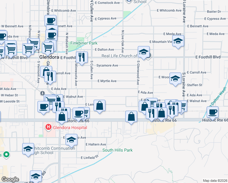 map of restaurants, bars, coffee shops, grocery stores, and more near 621 East Ada Avenue in Glendora