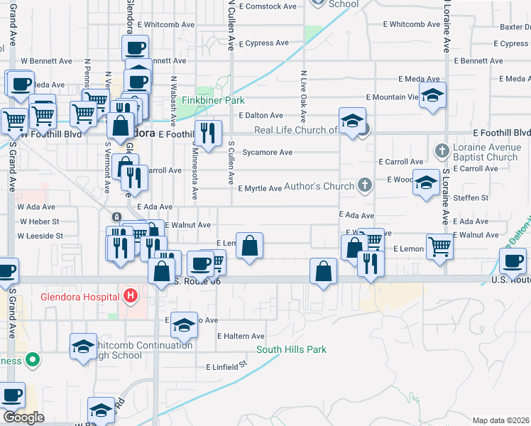map of restaurants, bars, coffee shops, grocery stores, and more near 533 East Ada Avenue in Glendora