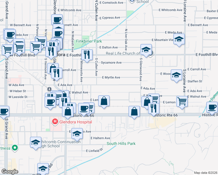 map of restaurants, bars, coffee shops, grocery stores, and more near 533 East Ada Avenue in Glendora
