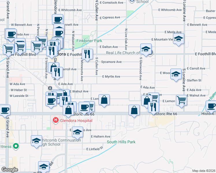 map of restaurants, bars, coffee shops, grocery stores, and more near 533 East Ada Avenue in Glendora