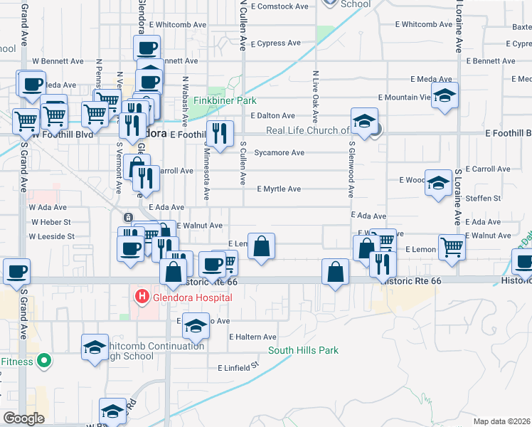 map of restaurants, bars, coffee shops, grocery stores, and more near 533 East Ada Avenue in Glendora