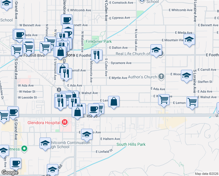 map of restaurants, bars, coffee shops, grocery stores, and more near 457 East Ada Avenue in Glendora