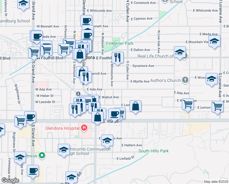 map of restaurants, bars, coffee shops, grocery stores, and more near 409 East Ada Avenue in Glendora