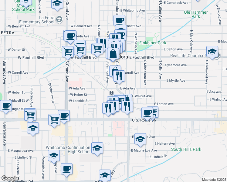 map of restaurants, bars, coffee shops, grocery stores, and more near in Glendora