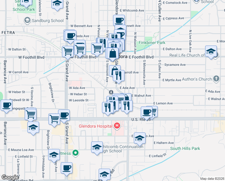 map of restaurants, bars, coffee shops, grocery stores, and more near in Glendora