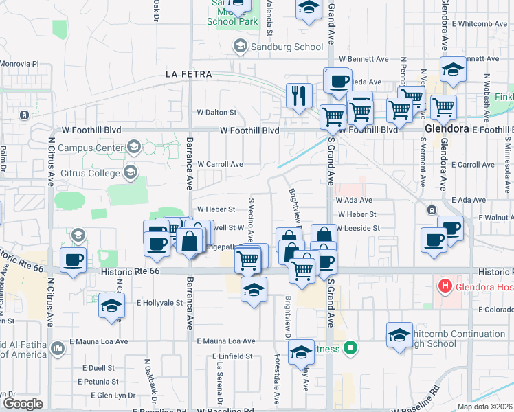 map of restaurants, bars, coffee shops, grocery stores, and more near 252 South Vecino Avenue in Glendora