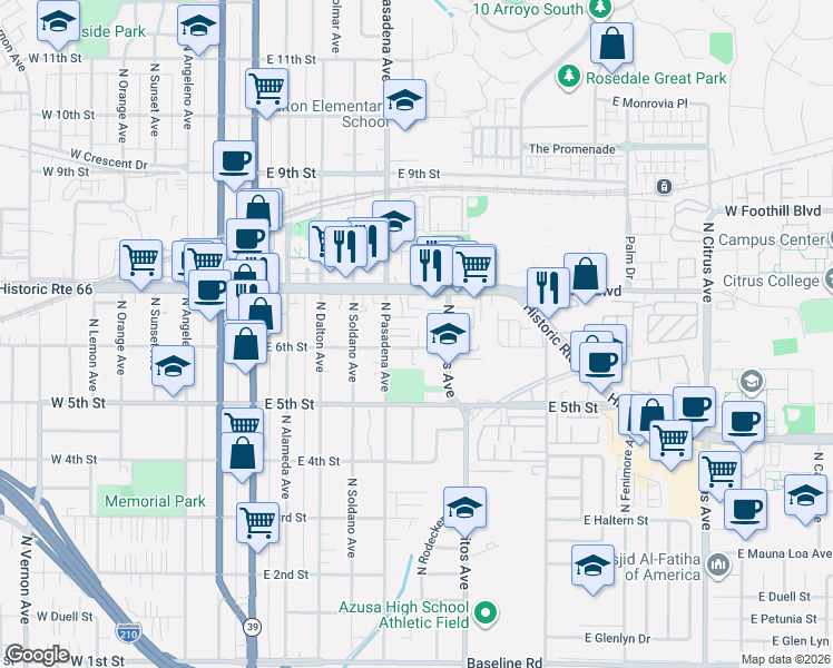 map of restaurants, bars, coffee shops, grocery stores, and more near 624 North Pasadena Avenue in Azusa