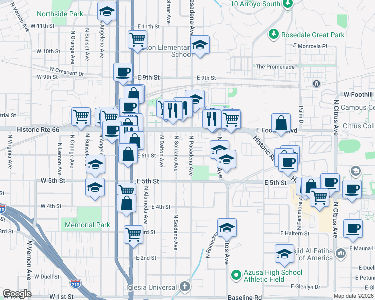 map of restaurants, bars, coffee shops, grocery stores, and more near 622 North Soldano Avenue in Azusa