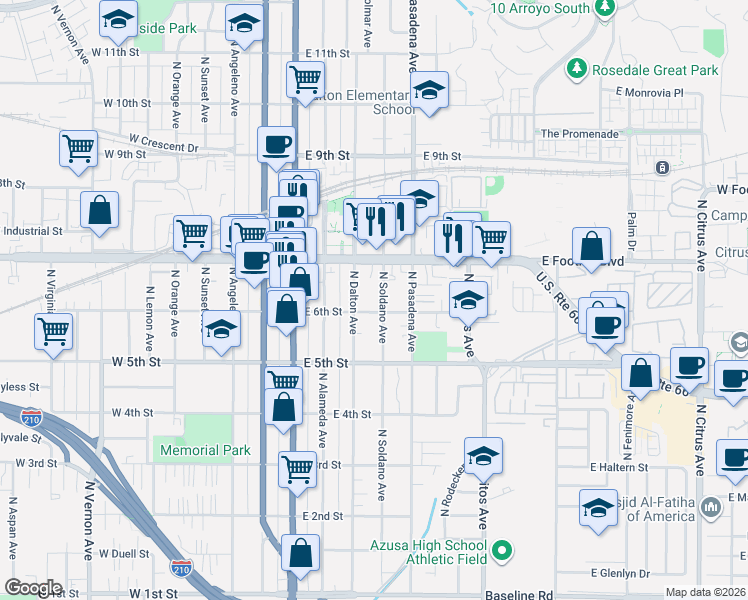 map of restaurants, bars, coffee shops, grocery stores, and more near 620 North Dalton Avenue in Azusa
