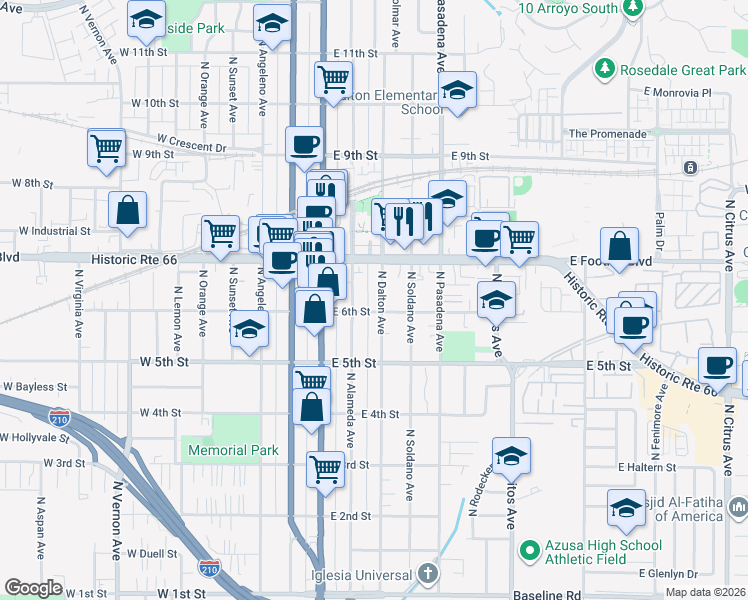 map of restaurants, bars, coffee shops, grocery stores, and more near 620 North Alameda Avenue in Azusa